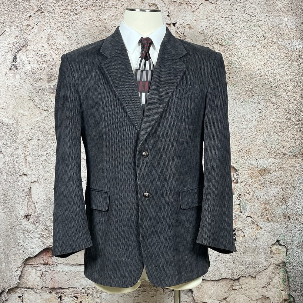 Monsieur Adolfo Mens Black Corduroy Blazer Sport Coat Herringbone 40R Vintage